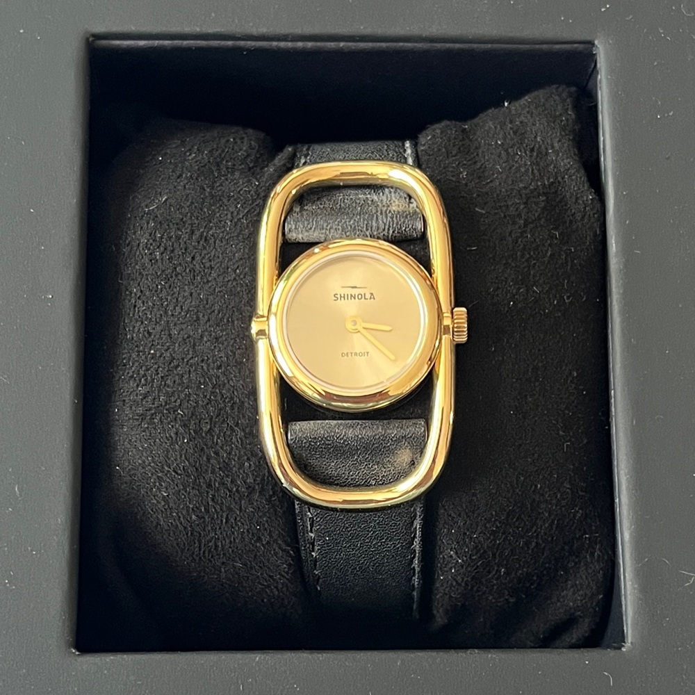Shinola Gold SS Champagne Dial Black Leather Strap Bike Lock Watch